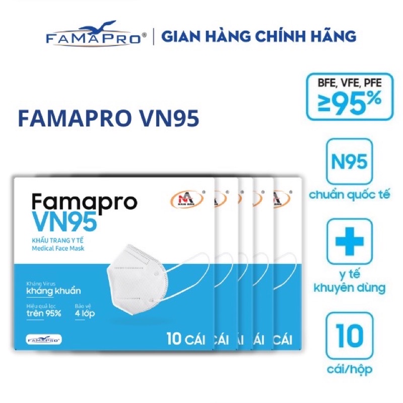 [HỘP-10 CÁI-MÀU TRẮNG] Khẩu trang y tế kháng khuẩn 4 lớp Famapro VN95