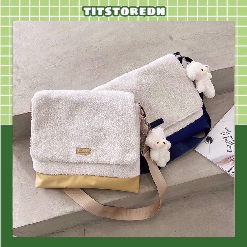 Túi bì thư đeo chéo phối lông ulzzang cực xinh( có sẵn, không kèm móc gấu)