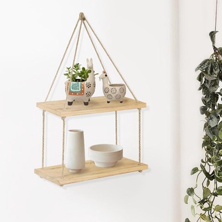  Kệ Gỗ Treo Tường Trang Trí Dây Thừng Boho Rustic 2 Tầng để đổ lưu niệm cây cảnh mini gỗ tự nhiên kích thước 10x30cm 