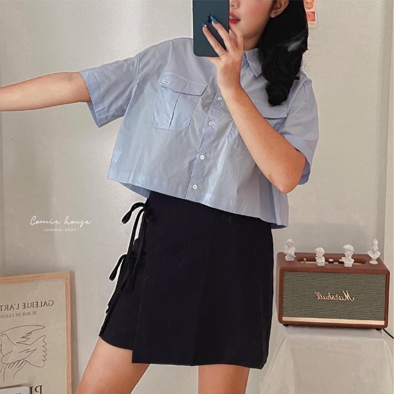 Set áo sơ mi croptop - chân váy dù | BigBuy360 - bigbuy360.vn