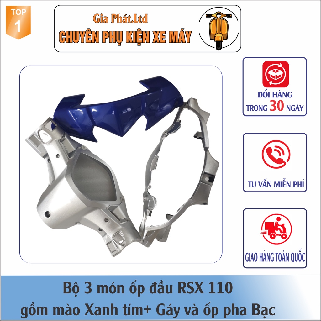 Combo ốp đầu Wave RSX 110  gồm Mào XANH TÍM - Gáy BẠC - và Pha đèn kèm bóng