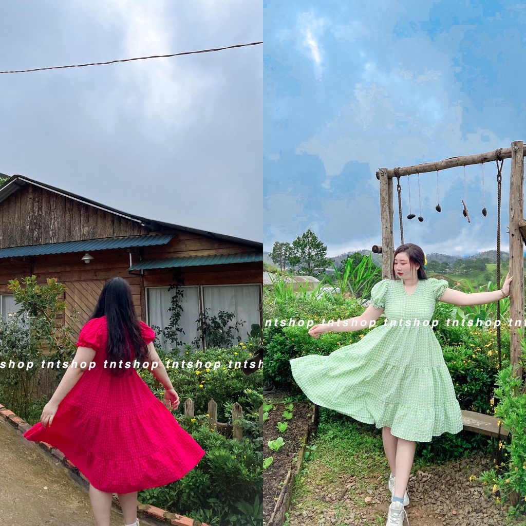 ĐẦM CARO NHÚN CỔ V [TNT SHOP BIGSIZE 60KG 90KG]