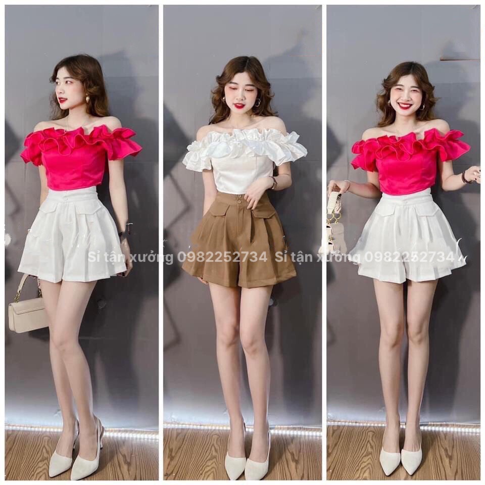 Quần short nữ 2 khuy túi nắp mẫu mới nhất, quần sooc xếp ly giả váy chất kaki lên dáng cực xinh 682