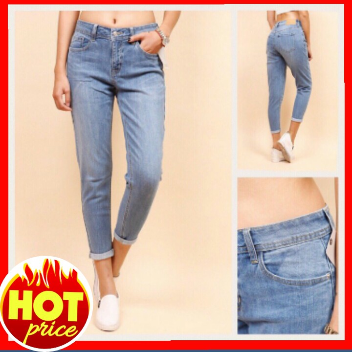 Quần jean nữ baggy trơn lưng cao, hàng xuất khẩu