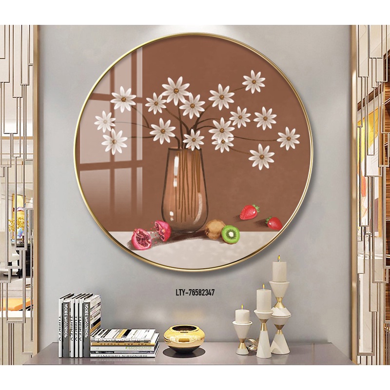 Tranh hình tròn trừu tượng Bình hoa tài lộc may mắn GLTR0192 phủ bóng laminate cao cấp treo tường