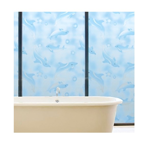 Decal dán kính cá heo xanh khổ 45cm keo sẵn