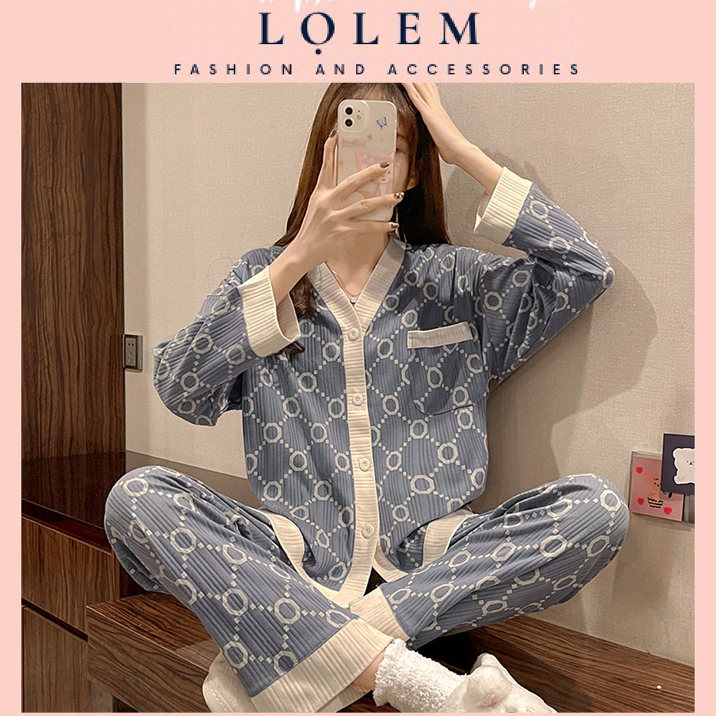 Bộ ngủ nữ, Đồ bộ nữ mặc nhà dễ thương hoạt hình pyjama tay dài quần dài mùa thu đông chất len tăm mềm mịn