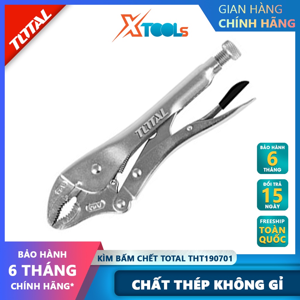 Kềm bấm khóa TOTAL THT190701 Kìm bấm chết Kích thước 7'' thép không gỉ, mạ niken bóng kẹp chặt, khóa, hỗ trợ siết lực,mở