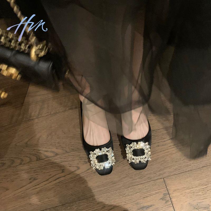 Giày Búp Bê Mũi Vuông Đính Đá Sang Trọng Cho Nữ