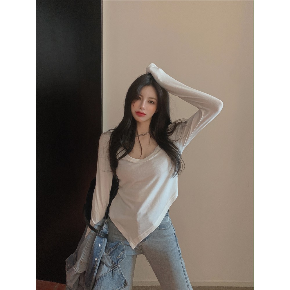 Áo Thun Dài Tay Cổ Tròn Thiết Kế Lệch Tà Quyến Rũ Thời Trang