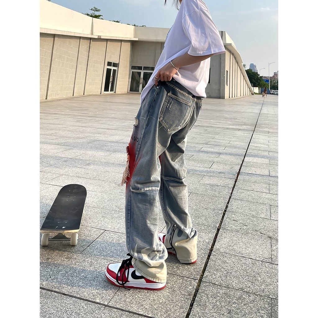 Quần Jeans Dài Phối Vết Rách Cá Tính Cho Nam