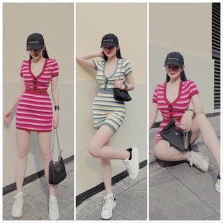 Set áo crt cài nút kèm chân váy sọc