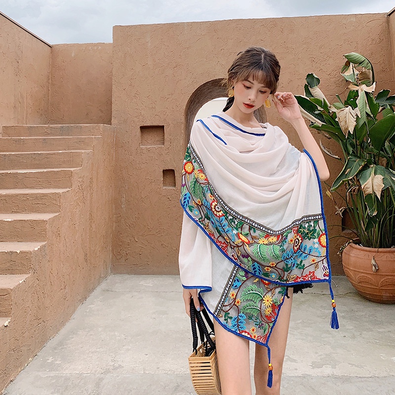 Khăn Choàng Đi Biển Chống Nắng Bằng Lụa Cotton Lanh Phối Ren Tua Rua Thêu Họa Tiết 24H Cho Nữ