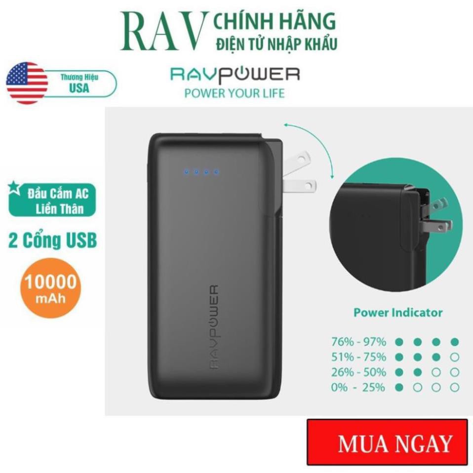 Pin Sạc Dự Phòng RAVPower 10000mAh 17W Cổng Sạc AC Dạng Gập Dòng Ra 3.4A RP-PB066 - Thương hiệu USA - Hàng Chính hãng