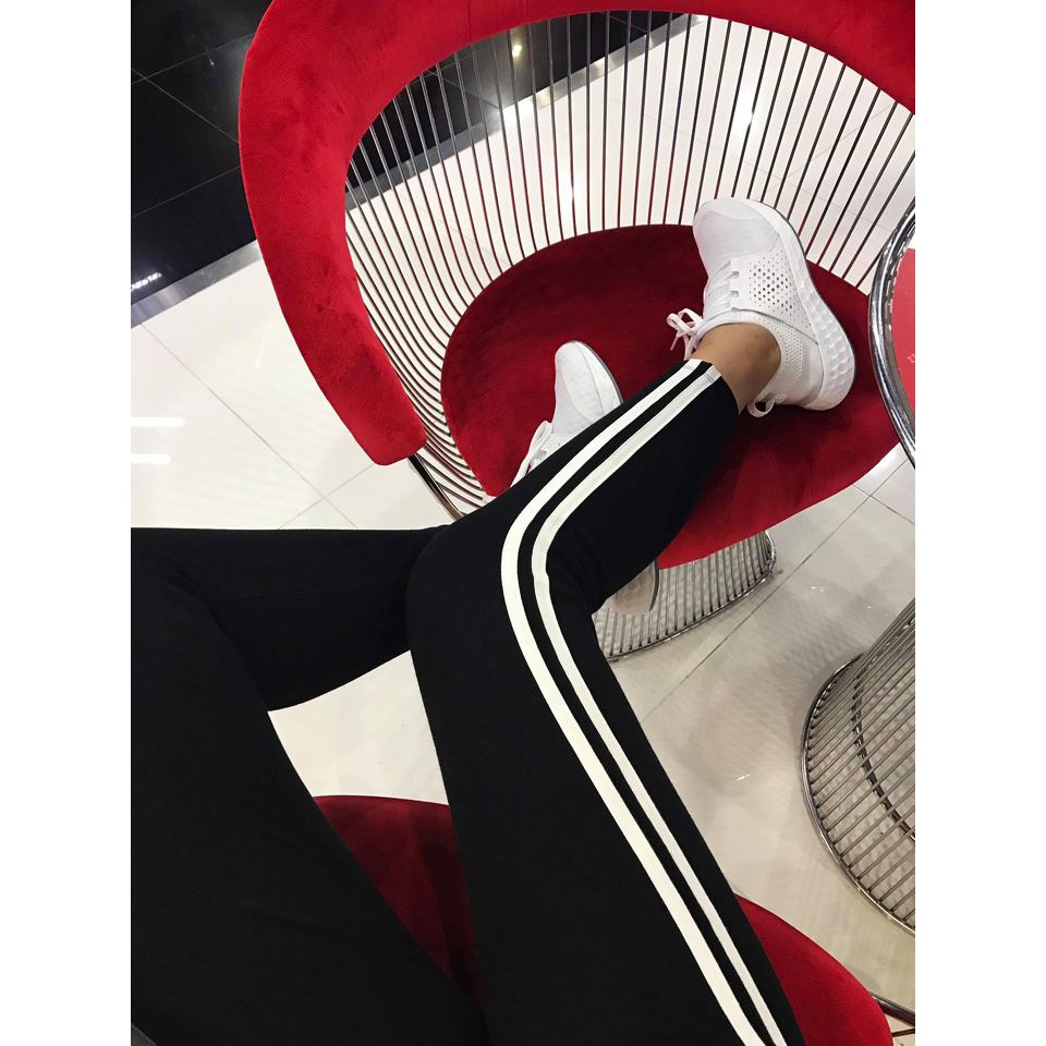 Quần Legging Lưng Liền Đen 2 Sọc Trắng Thun Co Giãn Mềm Mại | BigBuy360 - bigbuy360.vn