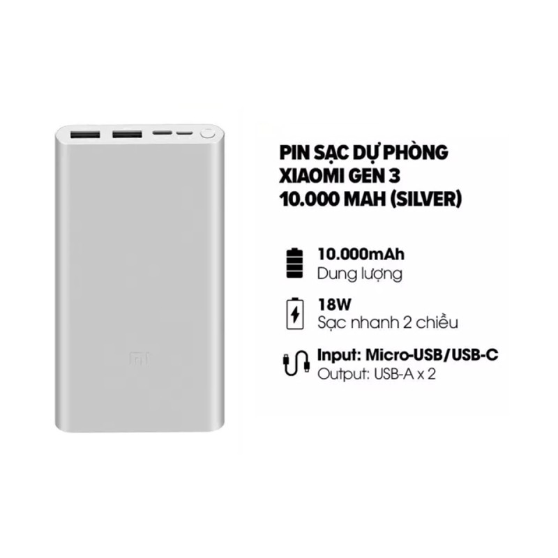 Pin Sạc Dự Phòng - Pin Sạc Dự Phòng Xiaomi Type- C gen 3 pro 10000mAh - Hỗ trợ sạc nhanh 18W Cả 2 Chiều