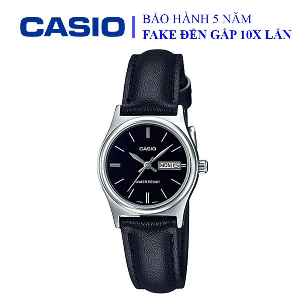 Đồng hồ Casio nữ dây da thể thao, mặt đen viền bạc sang trọng, quý phái, chống nước WR30M (LTP-V006L-1B2UDF)