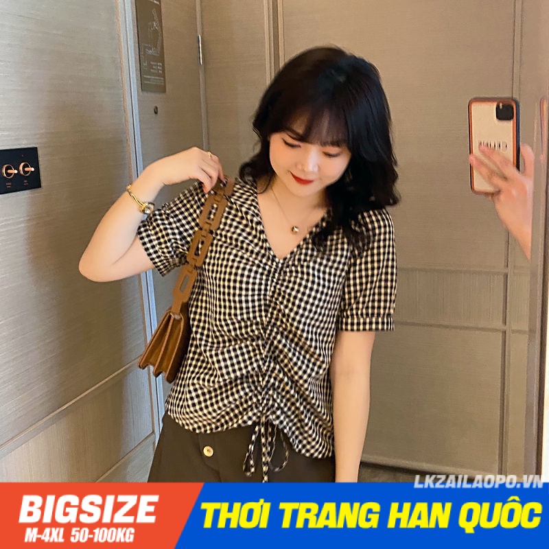 Áo sơ mi kẻ sọc caro Bigsize Áo kiểu nữ form rộng tay ngắn cổ chữ v thiết kế dây rút mùa hè Phong cách Hàn Quốc Thời Trang tiểu thư cá tính xinh đẹp cho người mập béo