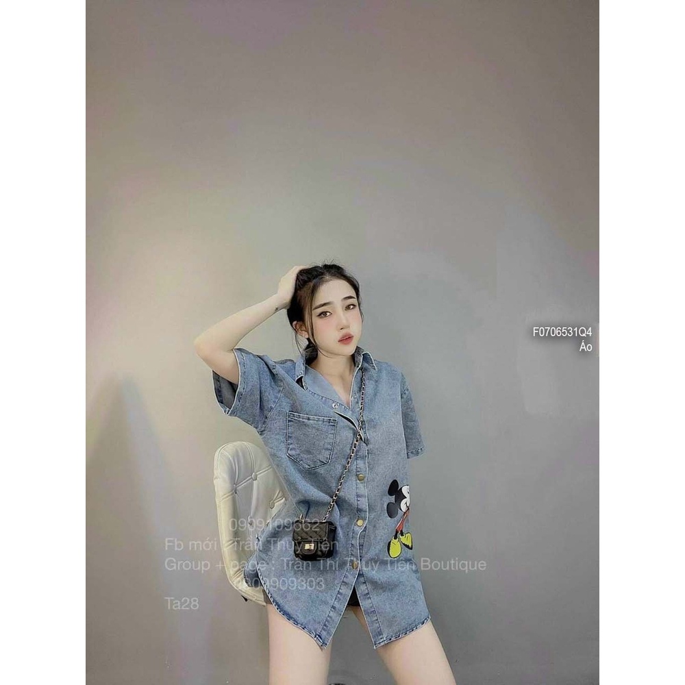 Áo sơ mi jean một túi in hình mickey tay ngắn hàng đẹp!