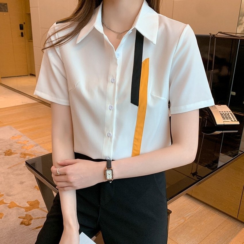 Áo Sơ Mi Nữ Ngắn Tay Một Bên Phối Viền Vàng Đen Thời Trang TOP FASHION SHOP Chất Vải Mềm Mịn, Chuẩn Form