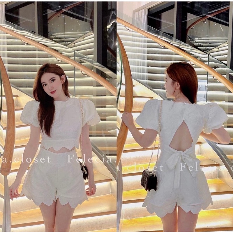 set áo croptop gấm hoa nổi nơ lưng + quần ngắn