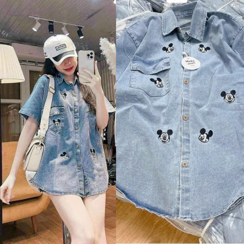 Áo sơ mi Jean bò mickey thêu nổi cho nữ hàng đẹp chuẩn L1 FIZANO M1.165.S