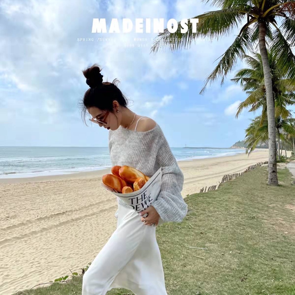 SUXI Áo Dệt Kim Tay Dài Dáng Rộng Màu Sắc Thanh Lịch