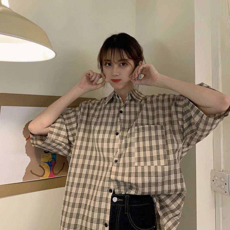 [Mã FAMARAL1 giảm 10K đơn 50K] Áo sơmi tay lỡ kẻ sọc retro form to rộng ulzzang