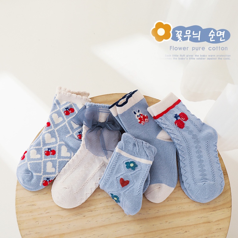 Set 5 Đôi Vớ Cổ Trung Họa Tiết Hoa Hoạt Hình Dễ Thương Cho Bé Gái