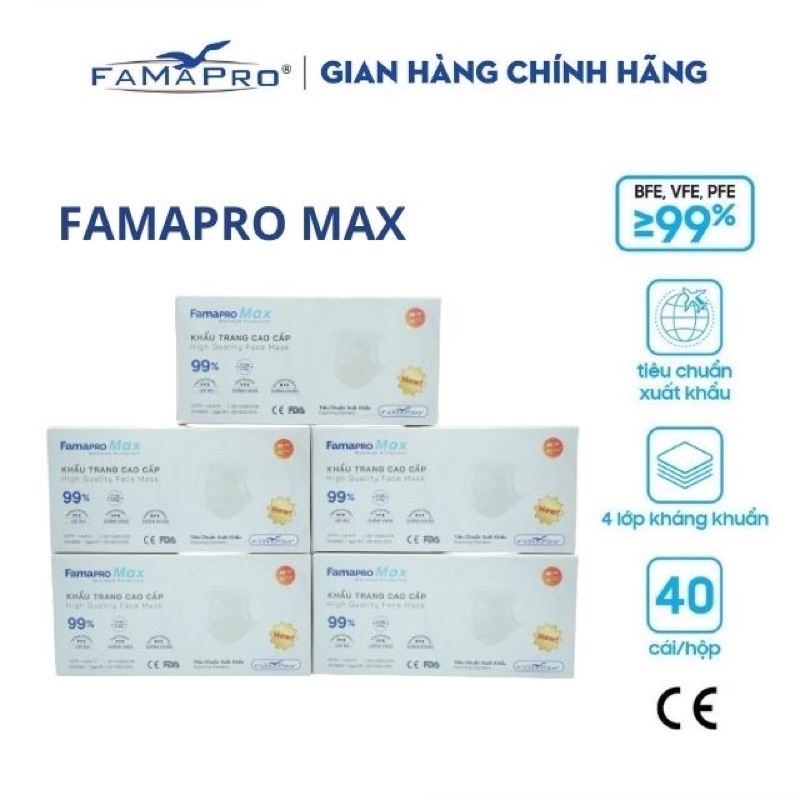 Combo 5 hộp khẩu trang y tế cao cấp kháng khuẩn 4 lớp Famapro max màu trắng (40 cái /hộp )