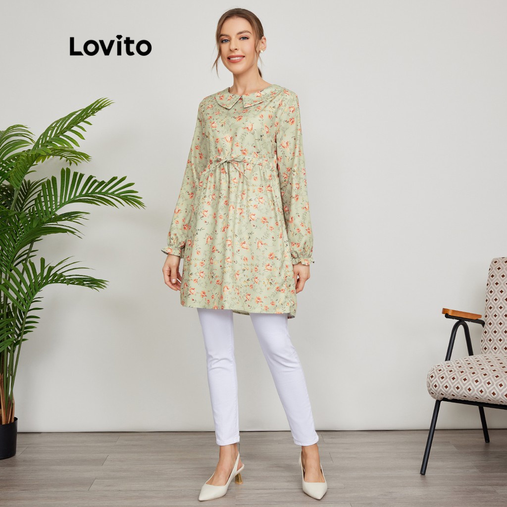 Lovito Áo sơ mi cổ tàu hoa lá vừa phải L24ED106 (Màu xanh lá cây nhạt)