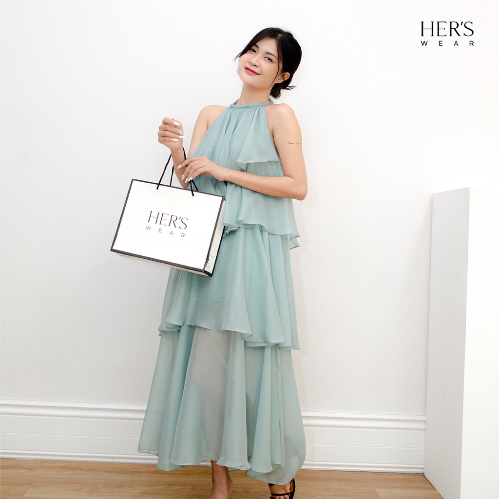 HER's Wear - Đầm maxi bốn tầng cổ cột nơ yếm, dáng dài, chất liệu voan lụa màu xanh lam hàng thiết kế (Đầy đủ Box)