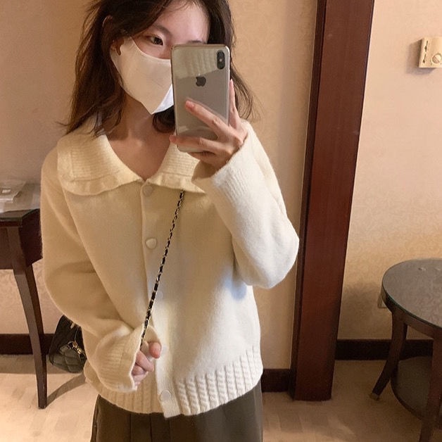 Áo Khoác cardigan Dệt Kim Mỏng Cổ Búp Bê Màu Trơn Ngọt Ngào Thời Trang Hàn Quốc