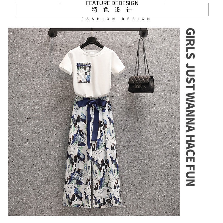 Set áo thun và quần dài lưng cao ống rộng thời trang xuân hè 2022 dành cho nữ