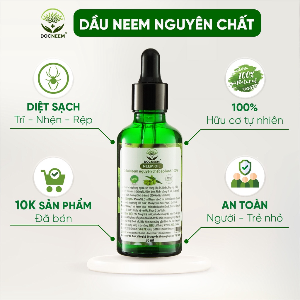 Dầu neem oil DOCNEEM hữu cơ phòng trị sâu bệnh hoa hồng, phong lan, cây cảnh, nguyên chất ép lạnh, hàng chính hãng 50ml