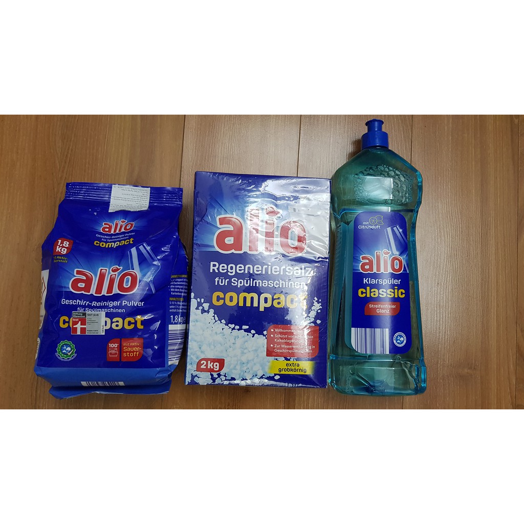 Combo sản phẩm Bột rửa bát Alio 1.8KG + Nước bóng Alio 1000ml + Muối Alio 2Kg