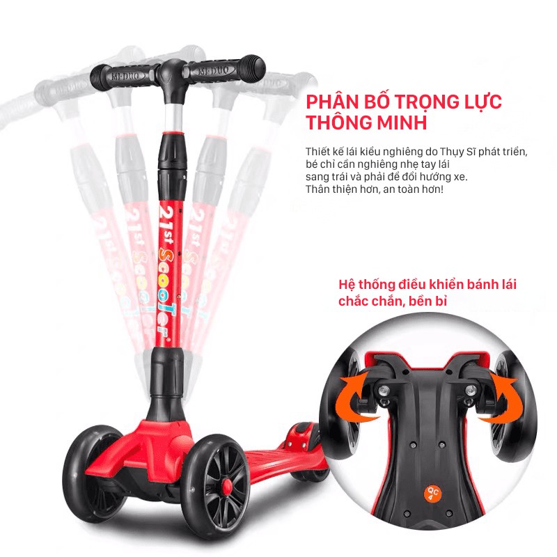 Xe trượt scooter 3 bánh gấp gọn 21st scooter SPINE, có đèn LED phát sáng, cho bé từ 3-14 tuổi