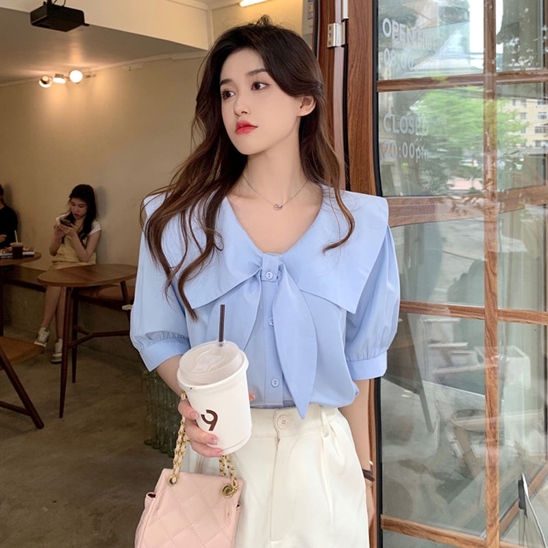 Áo Sơ Mi Cotton Cổ Thủy Thủ Thắt Nơ Phong Cách Pháp Mẫu Mới Thời Trang Xuân Hè 2022 Cho Nữ
