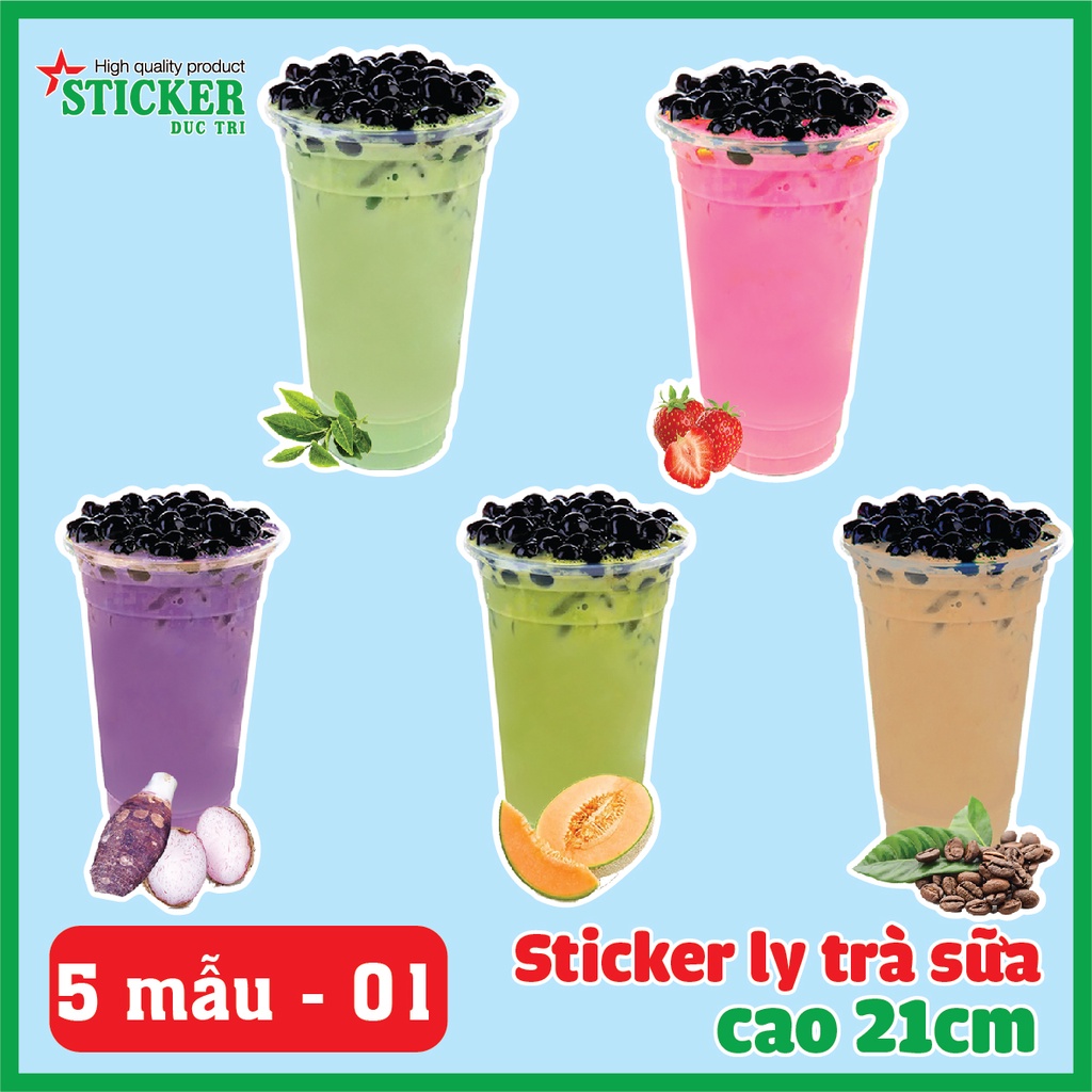 Sticker hình ly trà sữa cao 21cm dùng trang trí quán. Decal nhựa không thấm nước.