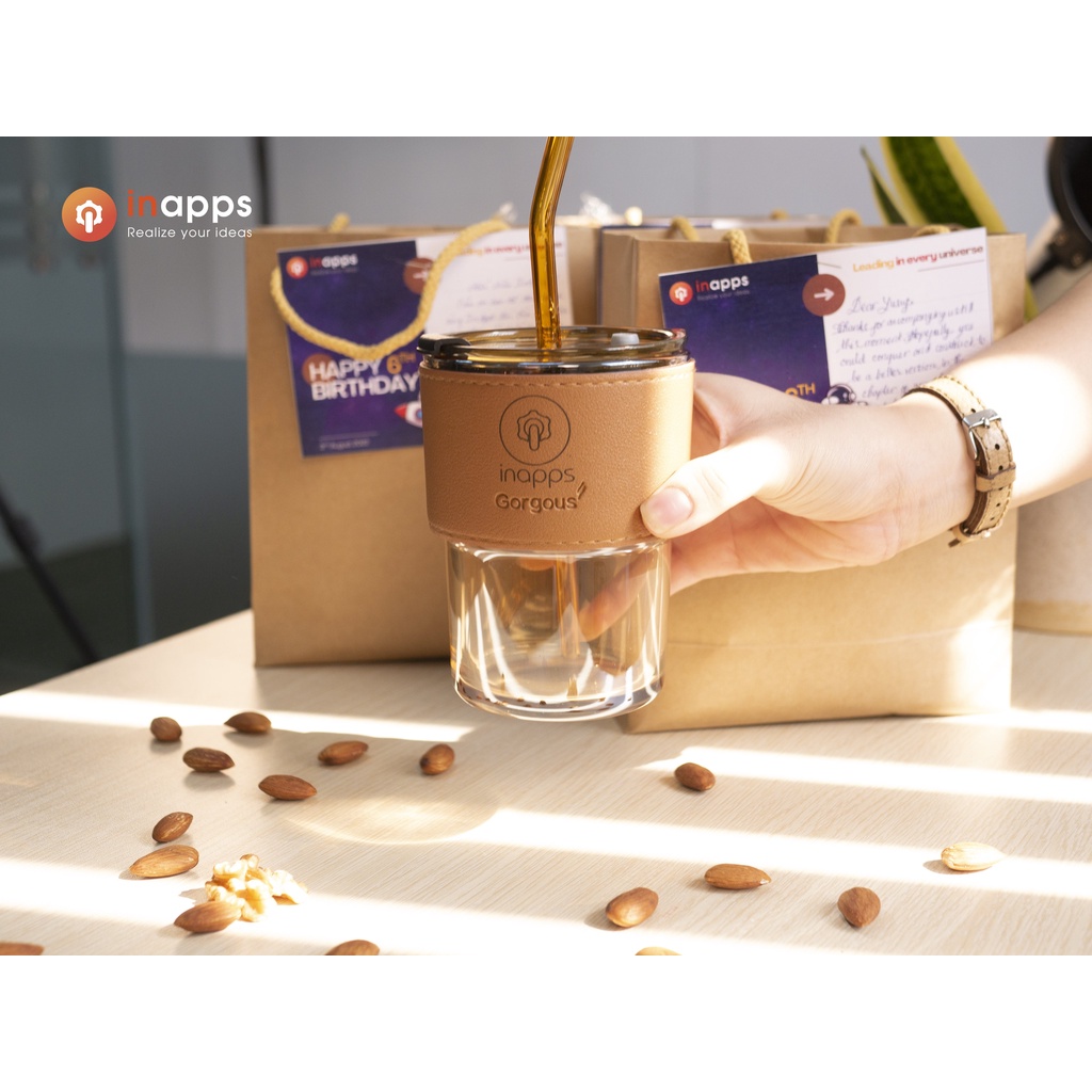 Cốc thuỷ tinh 450ml bọc da cao cấp,có kèm nắp đậy và ống hút K-House Smart