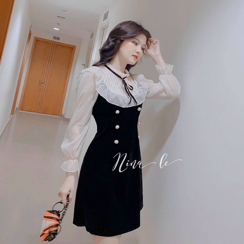 Đầm Xòe Dự Tiệc Tay Dài Phối Voan Họa Tiết Cổ Tròn Bèo Trắng Sang Trọng
