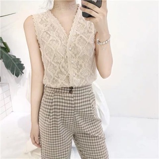 Set áo ren + quần kẻ hàn xẻng