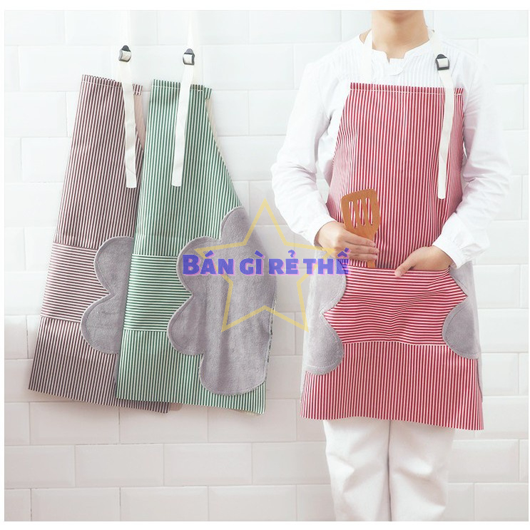 Tạp dề họa tiết kẻ sọc loại dày thiết kế khăn lau tay hai bên hông, chống thấm nước, có túi to tiện dụng