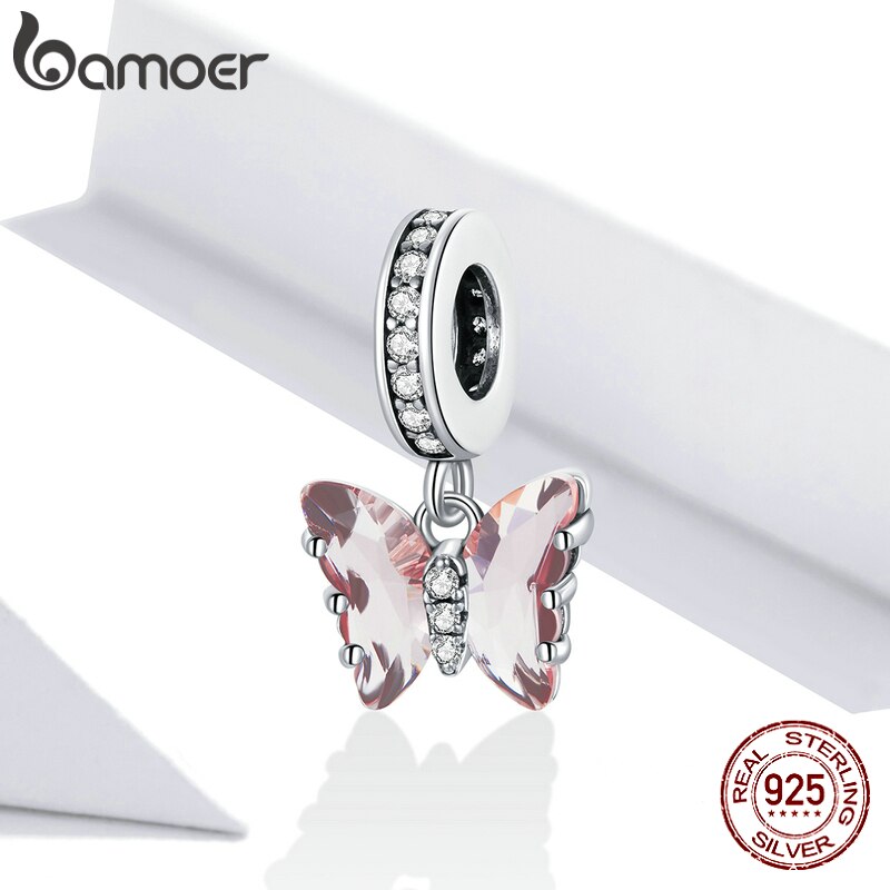 Mặt Vòng Tay/Vòng Cổ Bamoer BSC423 Bạc 925 Hình Bướm Hồng Mộng Mơ Cho Nữ