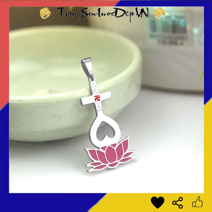 Mặt dây chuyền thiên tâm đế hoa sen màu hồng bằng inox sáng đẹp, không đen đem lại bình an may mắn cho người đeo