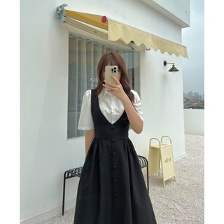 Đầm xoè phối sơ mi trắng cúc bọc  ( đầm liền)