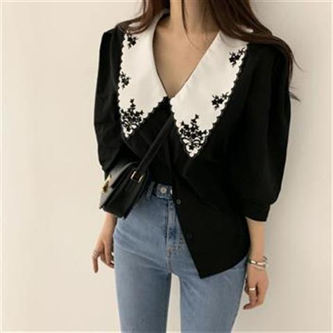 Áo Sơ Mi Tay Phồng Cổ Bẻ Thêu Họa Tiết Màu Sắc Tương Phản Phong Cách Hàn Quốc Thời Trang Mùa Hè Cho Nữ