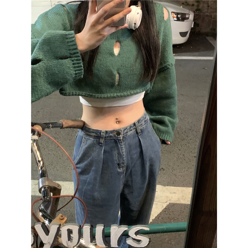「MOTEL7」Áo Sweater Dệt Kim Tay Dài Dáng Rộng Ngắn Lỗ Rỗng Màu Xanh Lá Cây Phong Cách Hàn Quốc Sang Trọng Cho Nữ