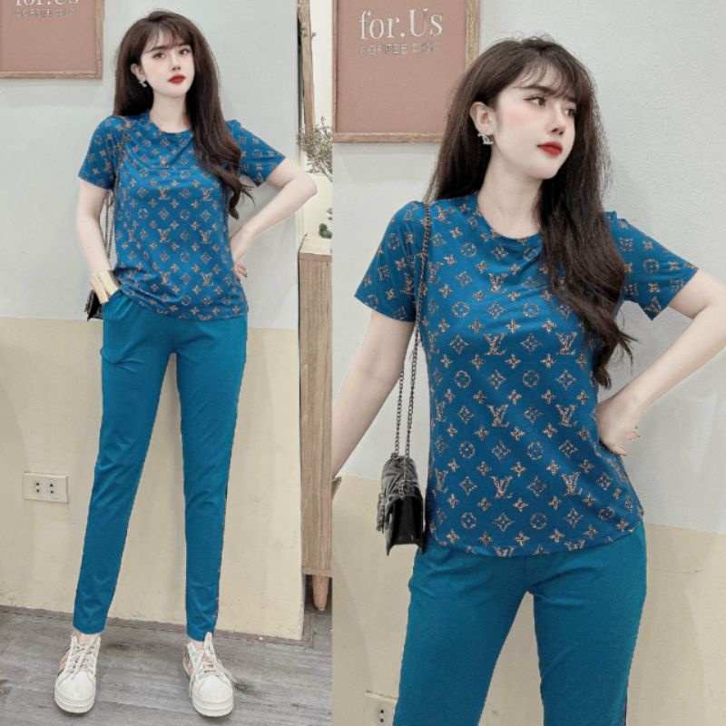 Sét đồ bộ thun cotton nữ in họa tiết Lvi cao cấp mẫu mới giá rẻ đẹp có bigsize, mẫu bộ đồ mặc ở nhà đi chơi mùa hè