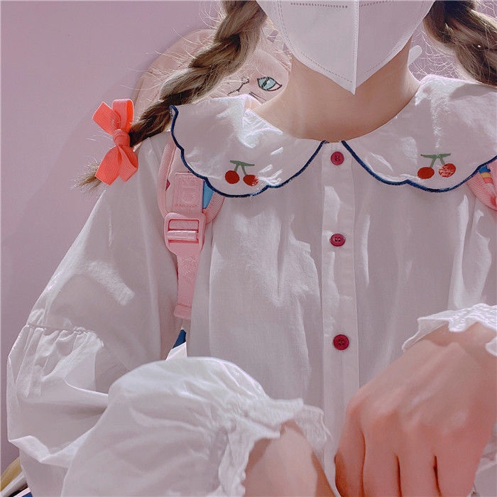 Áo Sơ Mi Tay Dài Dáng Rộng Thêu Hình Quả Cherry Thiết Kế Mới Thời Trang Dành Cho Nữ